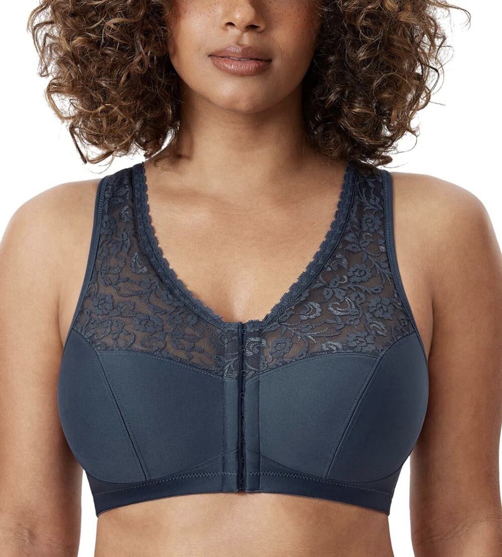 DELIMIRA Women Navy Front Closure Bra Full Coverage Wirefree Lace Racerback 38DD